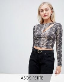 ASOS DESIGN Petite long sleeve top with cut out in snake print   ASOS at Asos